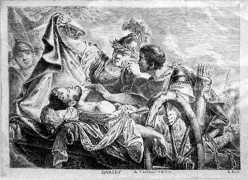 black and white woodcut of the death of darius
